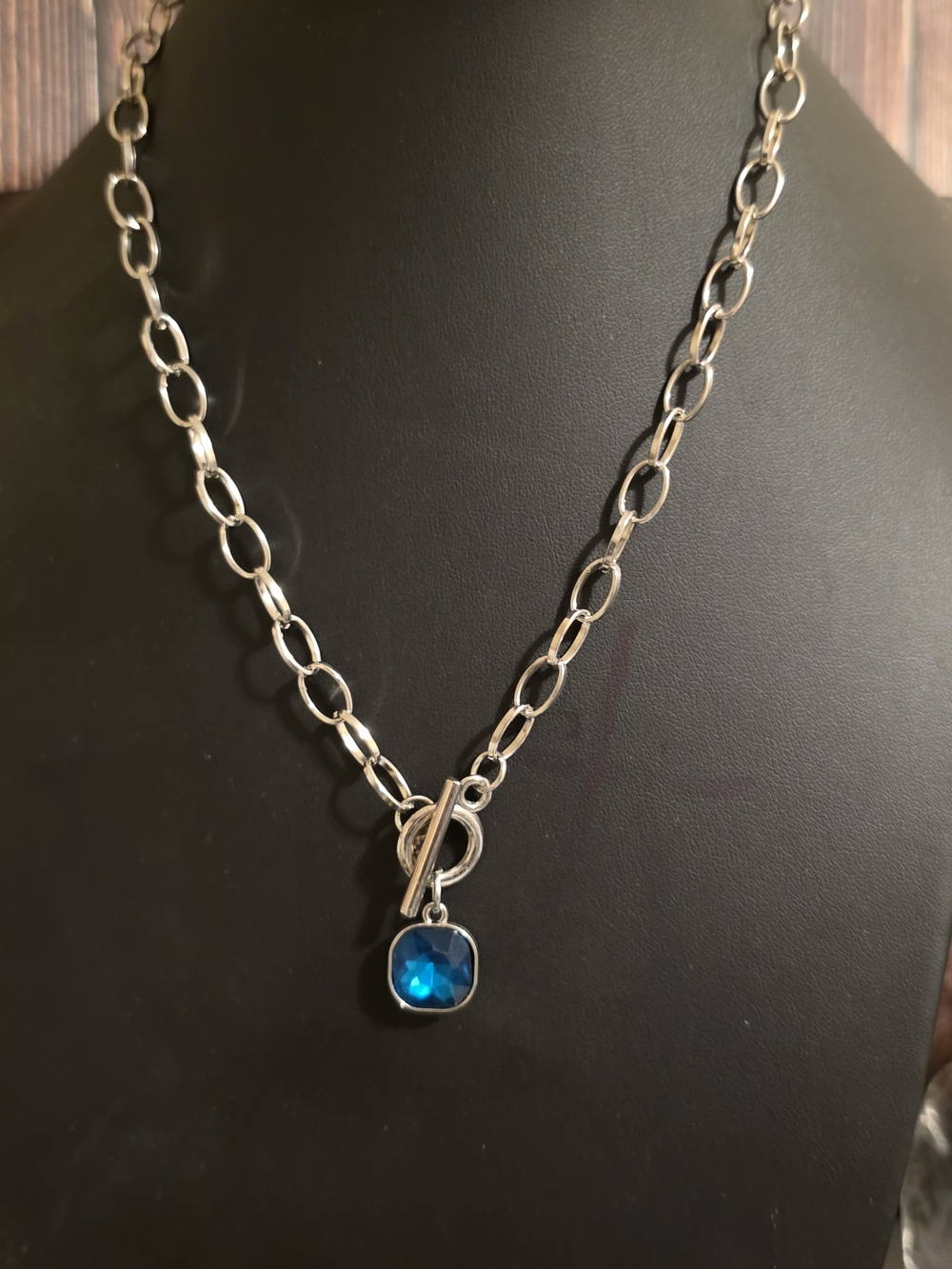 Silver Chain Necklace with Blue Crystal Charm